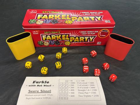 Red box with "Let's Have A Farkel Party" text, colorful dice, and a Farkle rules sheet.