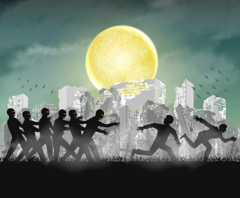 illustration of two people running away from a group of zombies