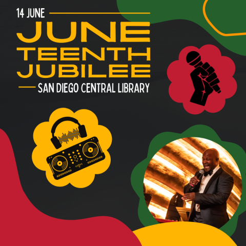 Black square with blobs of red, yellow, and green. In the bottom corner, a photo of a Black man in a suit and bowtie singing framed in green. In center, illustrations of a turntable and headphones on a yellow scalloped circle. In top right, an illustration of a fist holding a microphone on a red scalloped circle. 