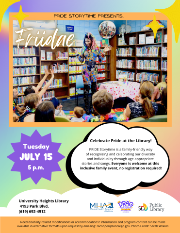 A queen in a multicolored jumpsuit is reading to families in a children's area of the library surrounded by books.