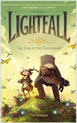 Book cover with "Lightfall" across the top and an image of 2 characters from the book at the bottom of the cover.