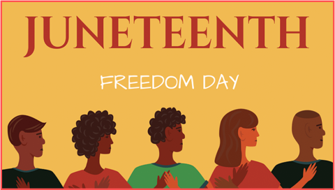 Juneteenth, Freedom Day at the top of the page and 5 people of color at the bottom of the page