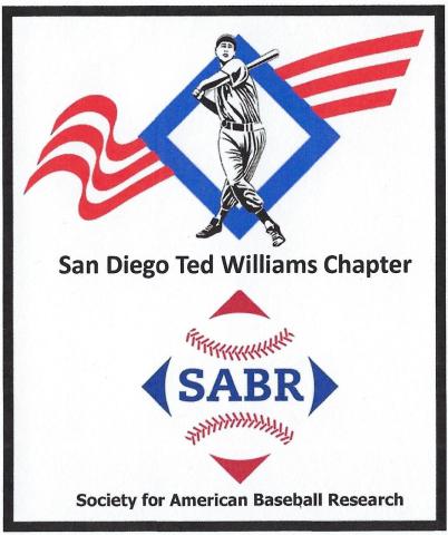 A black and white illustration of a baseball player in a blue diamond with red stripes in the background. Below there is a baseball illustration with "SABR" in the middle in blue.