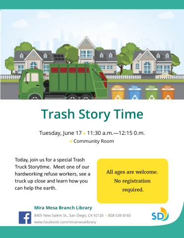 Green Trash Truck driving passed four trash bins