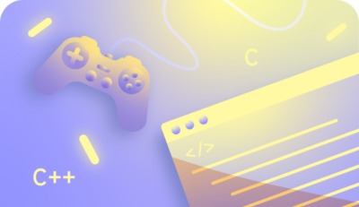 Purple and yellow illustration containing a video game controller, C++, and a computer screen 