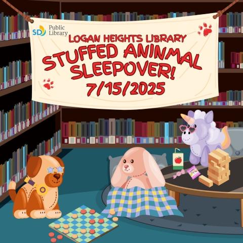 Stuffed Animal Sleepover showing stuffed animals at a slumber party enjoying snacks, playing games.