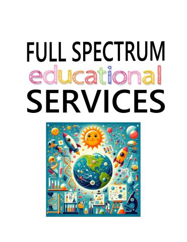 Full Spectrum Educational Services logo with an image depicting science parafernalia like test tubes, scientists, rockets, stars, the sun over the earth.