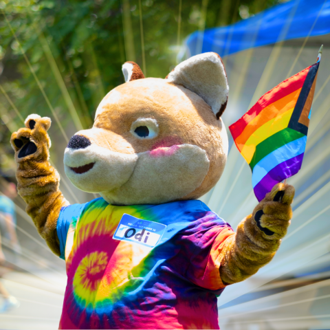 ODI the Coyote is wearing a rainbow tie-dye shirt and holding a pride progress flag
