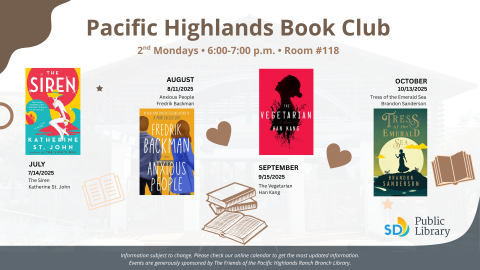 July 14 - The Siren by Katherine St. John  Aug 11 - Anxious People by Fredrik Backman  Sept 15 - The Vegetarian by Han Kang  Oct 13 - Tress of the Emerald Sea by Brandon Sanderson  Nov 10 - The House in the Cerulean Sea by TJ Klune  Dec 15 - You are Here by David Nicholls