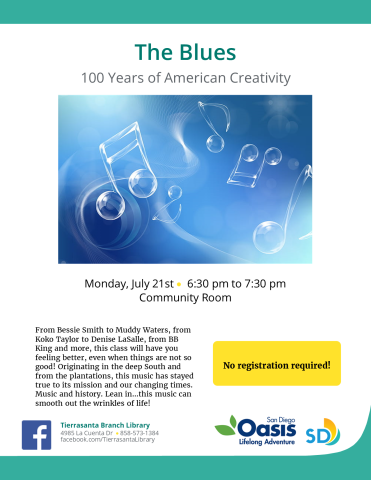 Informational flyer for "The Blues: 100 Years of American Creativity" featuring an image of white music notes on a blue background.