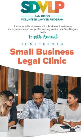 Text reading "SDVLP Fourth Annual JUNETEENTH Small Business Legal Clinic"