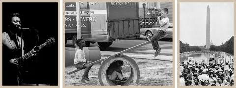 3 black and white photos: a musician, two boys on a seesaw, and people with signs gathered in front of the Washington Memorial