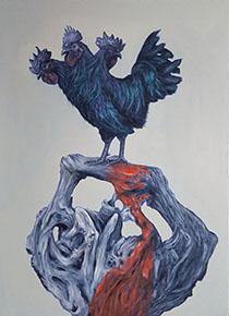Painting of a three headed black rooster standing on a bundle of roots. Artist Silviu Nica