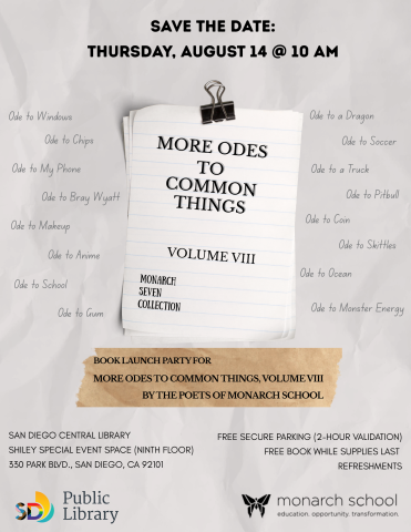 Flyer for the More Odes to Common Things Volume 8 Launch Party with details about date, time, and location.