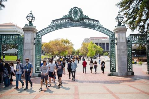 Students walking through Sather Gate at UC Berkeley
