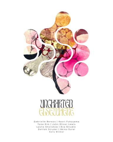 A abstract form with filled with pinks, yellows, and greys that announce the exhibit opening information