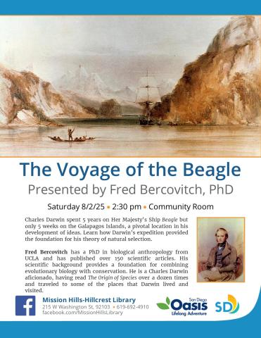 Flyer with event details and paintings of the HMS Beagle and Charles Darwin