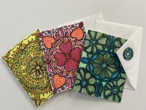 3 hand drawn cards with envelopes