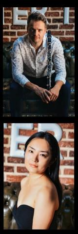 publicity photos of Kliment Krylovskiy with a clarinet and side view of pianist Riko Higuma