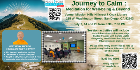 Flyer with event details, photo of monk, photo of people meditating