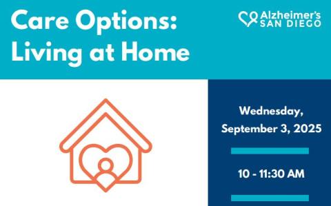 Color block with text "Care Options Living at Home" above a drawing of a house surrounding a heart and event time.