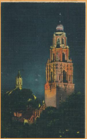 San Diego's California Tower at night as seen in a postcard from the early 20th century.