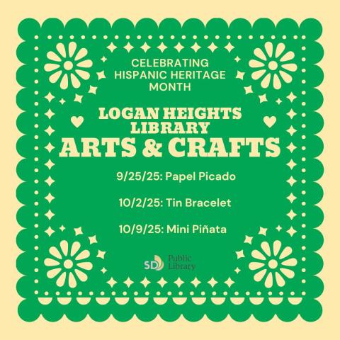 Yellow background with green foreground of papel picado, traditional Mexican folkart, explaining the arts and crafts information