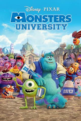 Movie poster for Monsters University with the characters and a university campus in the background
