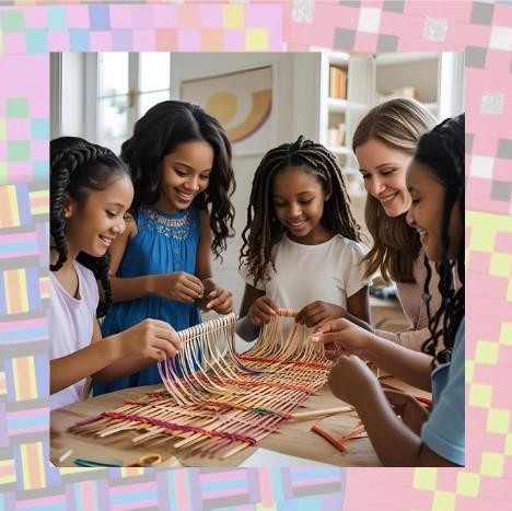 people are at a table weaving paper together