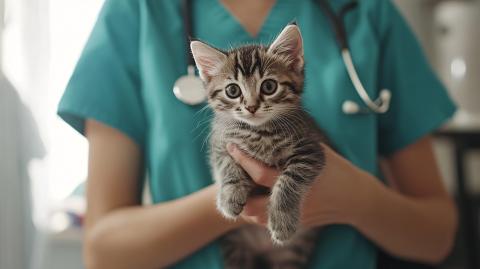 A veterinarian with a stethoscope around their neck holds a kitten.