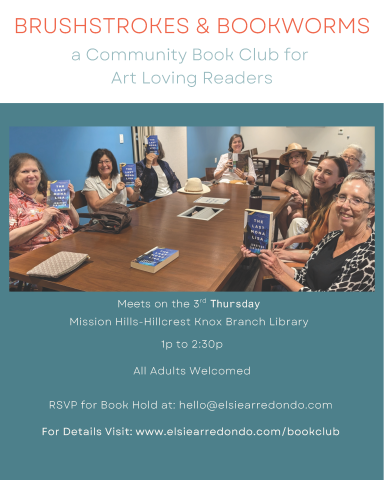 Flyer with book club details and photo of book club participants holding books