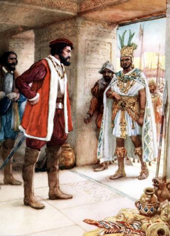 Illustration of Cortes meeting Moctezuma II