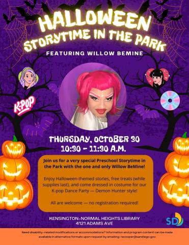 A purple Halloween Flyer with pumpkins and bats feature a queen with pink hair and a white dress!