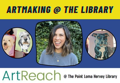 picture of artist amongst paitings of dogs and their painted portraits