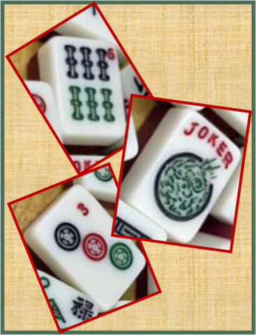 Three mahjong tiles: green sticks, green circle, and small circles in red, blue, and green.