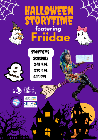 a purple flyer with a black haunted house, yellow moon, white ghosts, and a queen on a broomstick!