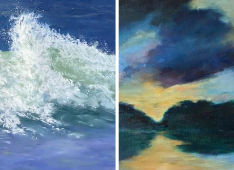 Two details from oil paintings, on the left the foam of an ocean wave. On the right, a sunset surrounded by clouds. 