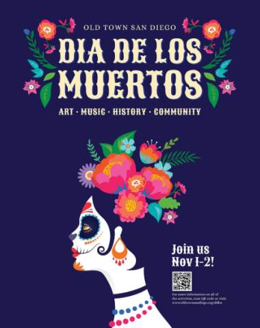 Catrina calavera (skeleton) with bright make up and purple hair wearing a flower crown with pink and orange flowers!