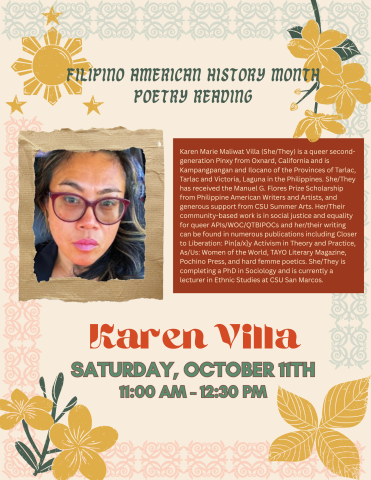 Image of Karen Villa with text: Filipino American History Month Poetry Reading, Saturday, October 11, 11AM-12:30PM