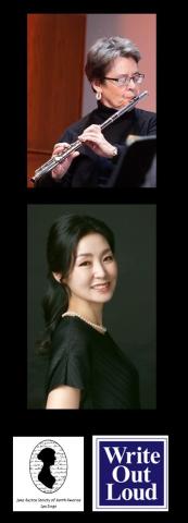 Publicity photos of musicians Ann Erwin and Cho-Hyun Park, plus logos for Write Out Loud and the Jane Austen Society