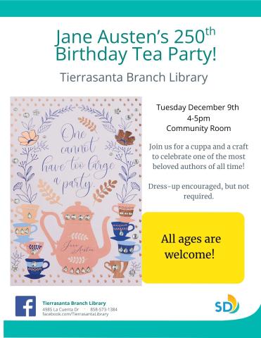 Cartoon purple tea pot surrounded by tea cups and a quote