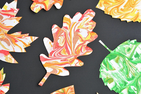 Painted paper leaves with a marbled design