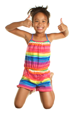 Girl jumps with thumbs up