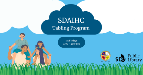 Infographic with program details featuring an illustration of a happy family against a blue background with white clouds above and green grass below.