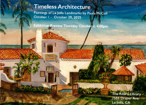Painting of a mission-style house with white plaster walls and orange clay roof tiles, the ocean's horizon can be seen behind.