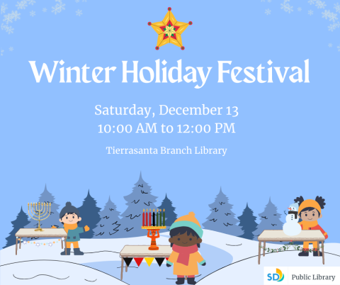 Winter Holiday Festival infographic showing children on a snowy, tree-lined hillside participating a Hanukkah, Kwanzaa, and Winter Solstice activities, with a Filipino Christmas parol in the top center.