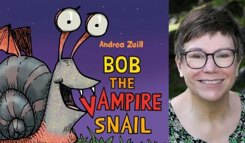 photo of author andrea zuill and cover of book Bob the Vampire Snail