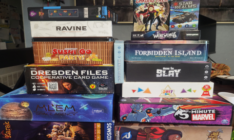 Stacks of board game boxes