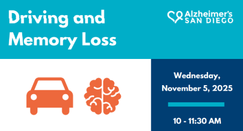Color blocks with text "Driving and Memory Loss" and the workshops's day, date, and time