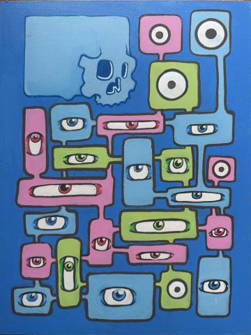 Painting of a cartoonish square blue skull next to pink, green, and blue rectangles of various sizes each with an eyeball.